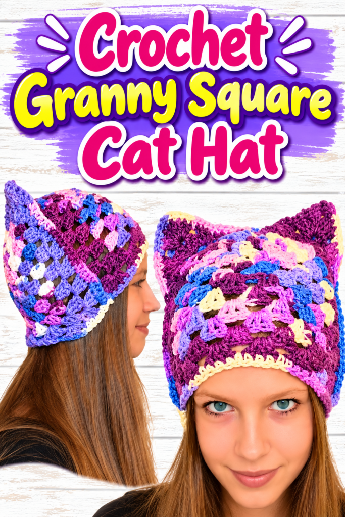 Crochet Cat Ear Hat Using Granny Squares