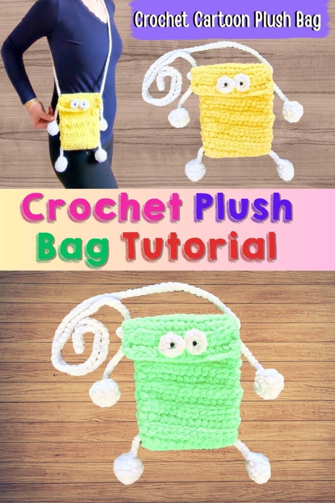 Crochet plush cartoon purse made with soft yarn, beginner-friendly tutorial